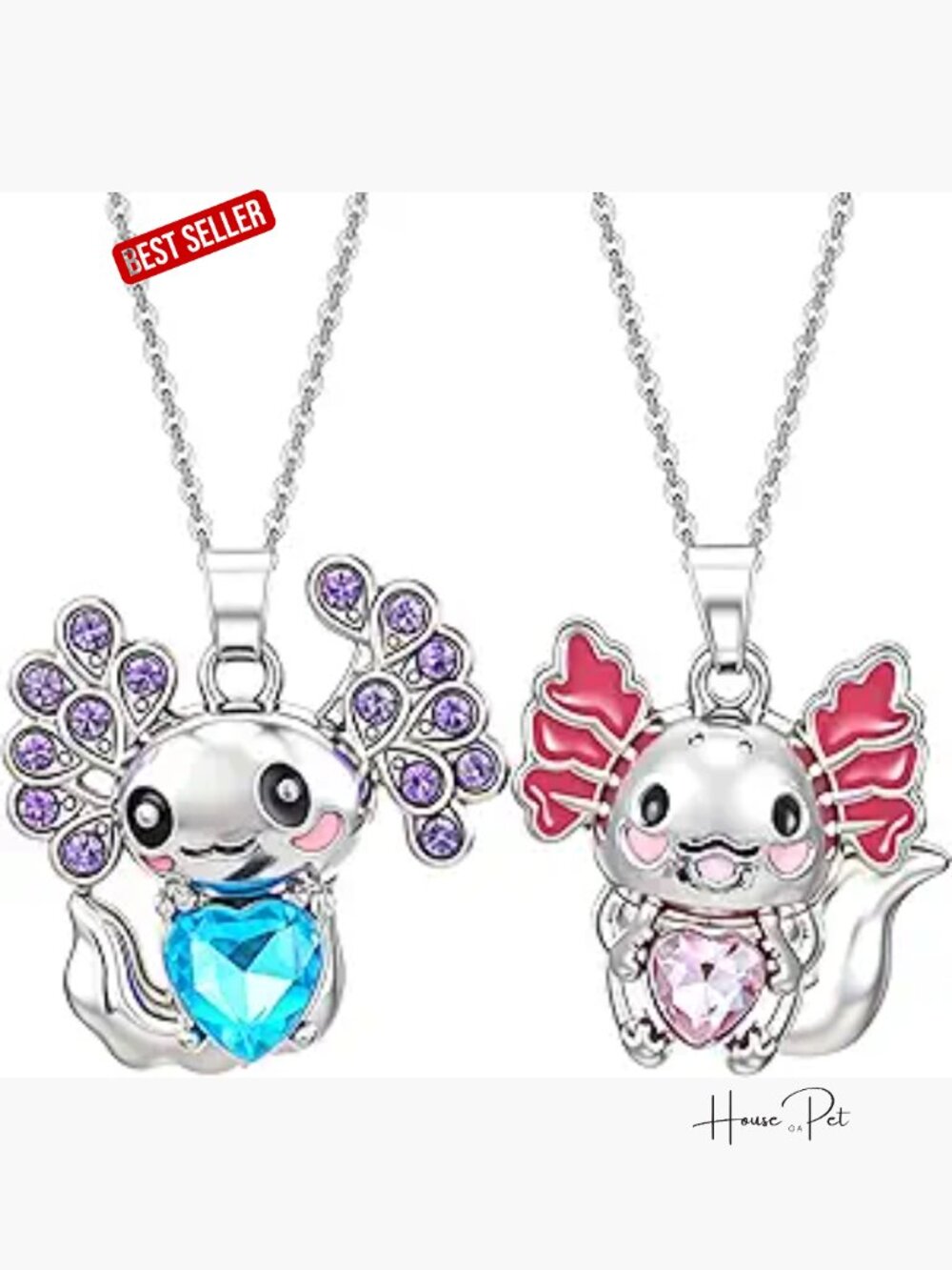 2 Axolotl Pendant Necklaces with Cubic Zirconia Crystals